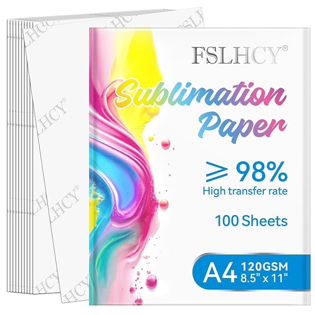 Paquete de papel de sublimación FSLHCY marcado tasa de transferencia ≥98 %, 100 hojas, A4 120GSM y 8.5 × 11 in, hojas con logotipo en el reverso