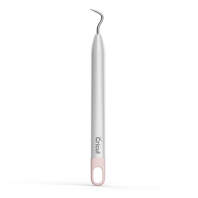 Gancho de pelado Cricut plateado con punta fina en gancho y lazo rosa para colgar