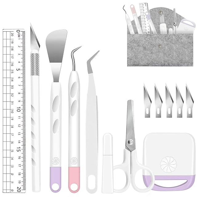 Regla, cúter, espátula, gancho, pinzas, tijeras con funda, rasqueta, cinco cuchillas y una bolsa de fieltro